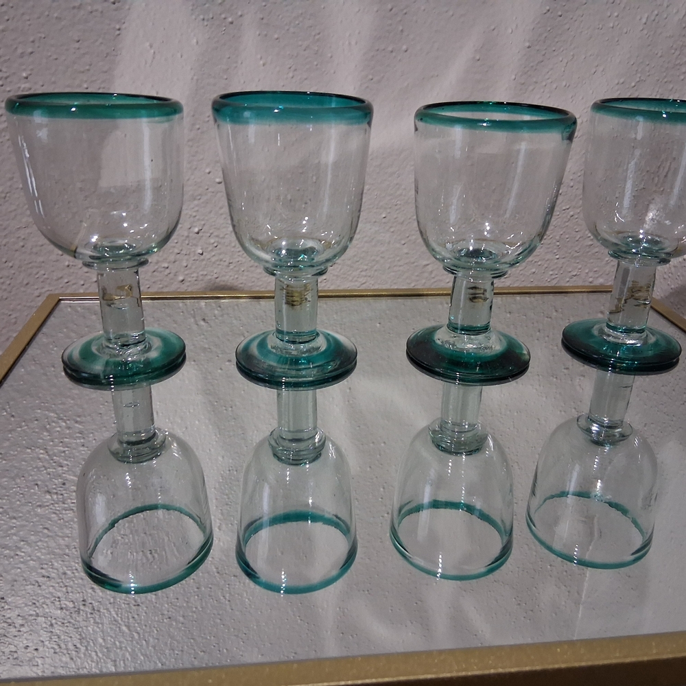 Set of Six Teal Rimmed Glass Goblets